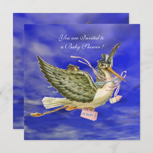 INVITATION DOUCHE POUR FILLE BÉBÉ STORK (Devant / Derrière)