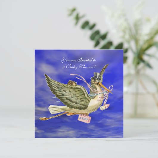 INVITATION DOUCHE POUR FILLE BÉBÉ STORK (Debout devant)