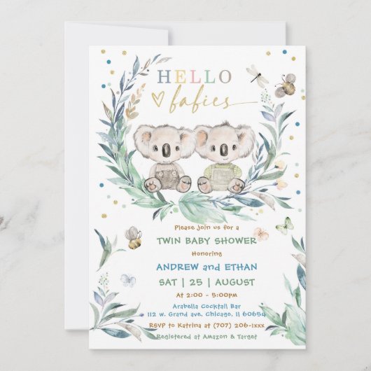 Invitation Douche pour garçon Koala Twin Editable (Devant)