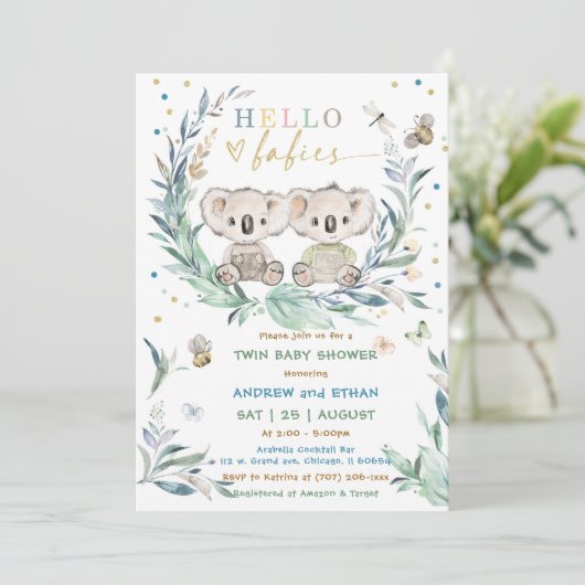 Invitation Douche pour garçon Koala Twin Editable (Debout devant)