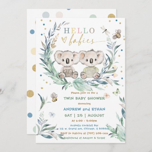 Invitation Douche pour garçon Koala Twin Editable (Devant / Derrière)