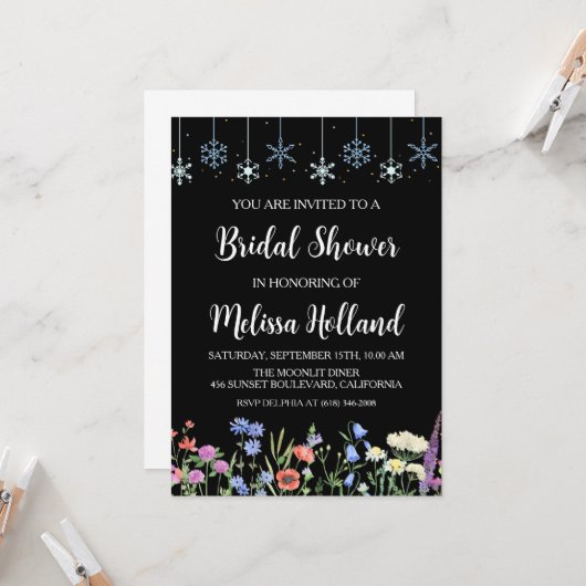 Invitation Douche pour mariée d'hiver des fleurs sauvages lun (Devant/Arrière en situation)