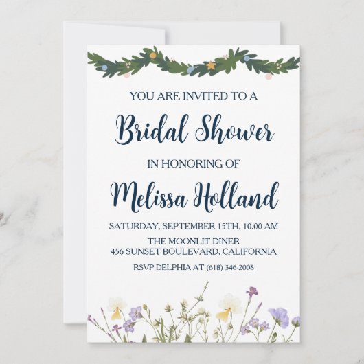 Invitation Douche pour mariée d'hiver des fleurs sauvages lun (Devant)