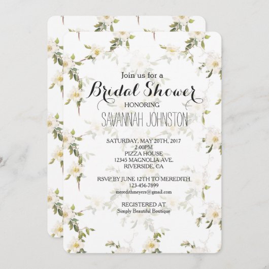 Invitation Douche romantique à fleurs blanches (Devant / Derrière)