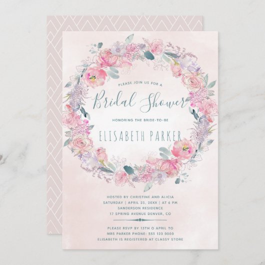 Invitation Douche romantique à fleurs rose rousse (Devant / Derrière)