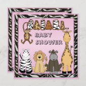 Invitation Douche rose de bébé d'animaux mignons de safari (Devant / Derrière)