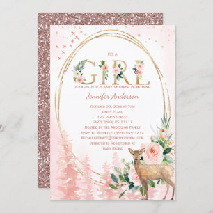 Invitation Douche rose de bébé de région boisée