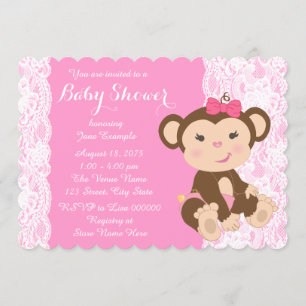 Invitation Douche rose de bébé de singe de dentelle