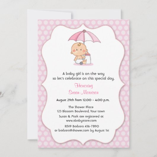 Invitation Douche rose de fille de pois (Devant)