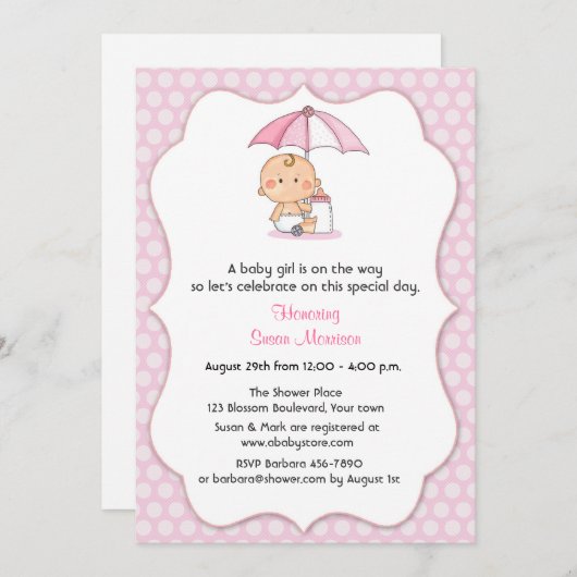 Invitation Douche rose de fille de pois (Devant / Derrière)