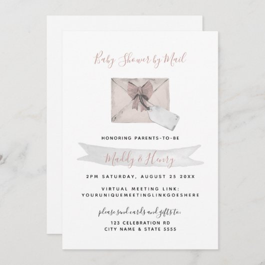 Invitation Douche rose par courrier distance virtuelle (Devant / Derrière)