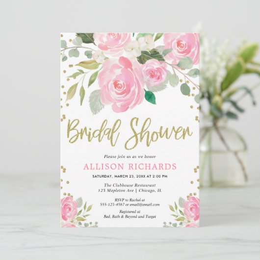 Invitation Douche rose rose et dorée (Debout devant)