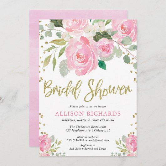 Invitation Douche rose rose et dorée (Devant / Derrière)