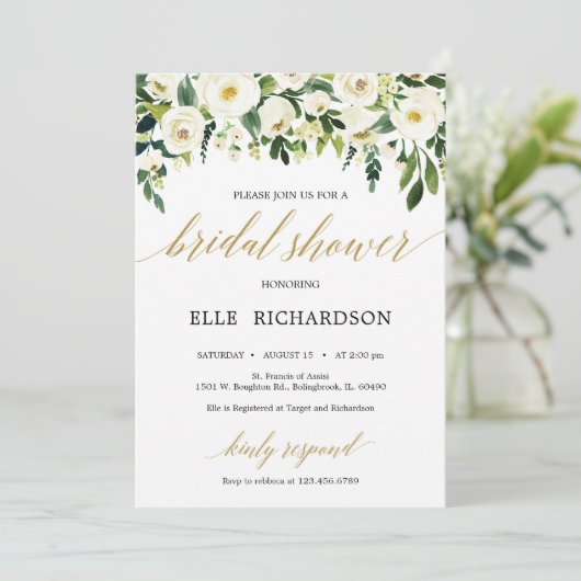 Invitation Douche rose verte à fleurs blanches dorées (Debout devant)