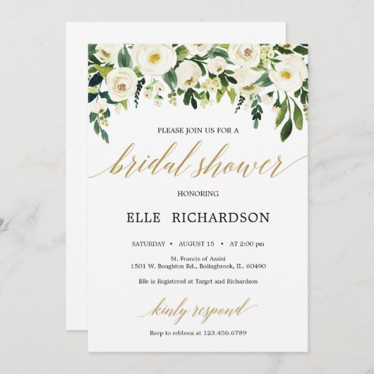 Invitation Douche rose verte à fleurs blanches dorées (Devant / Derrière)