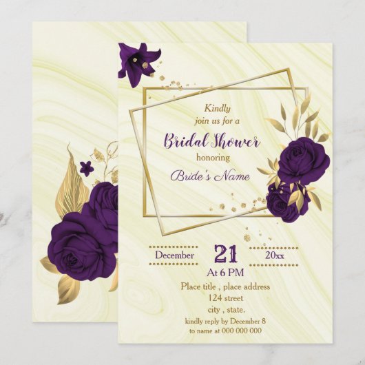 Invitation douche royale violette dorée (Devant / Derrière)