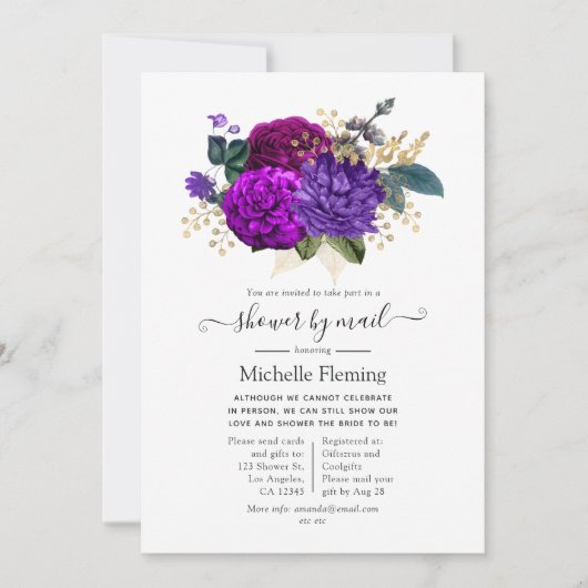 Invitation Douche royale violette et or florale par courrier (Devant)