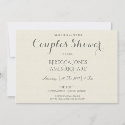 INVITATION DOUCHE SIMPLE ÉLÉGANT GRIS TYPOGRAPHIE COUPLES (Devant)