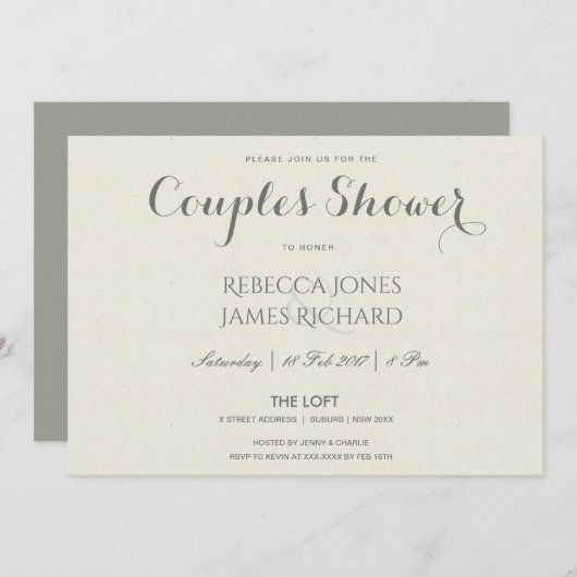 INVITATION DOUCHE SIMPLE ÉLÉGANT GRIS TYPOGRAPHIE COUPLES (Devant / Derrière)