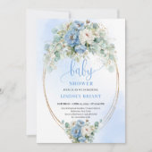 Invitation Douche Soft Boho Bleu Clair Floral Eucalyptus Or (Devant)
