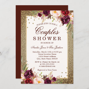 Invitation Douche Sparkle Couples Gold Burgundy à fleurs