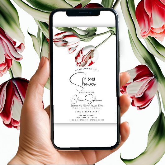 Invitation Douche | Tulipes Rembrandt blanches et rouges flor