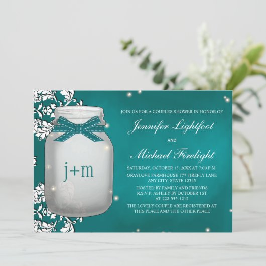 Invitation Douche Turquoise en luciole monogramme Mason Jar C (Debout devant)