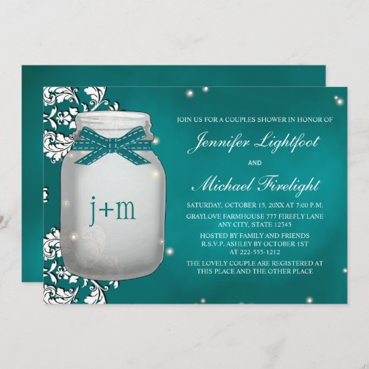 Invitation Douche Turquoise en luciole monogramme Mason Jar C (Devant / Derrière)