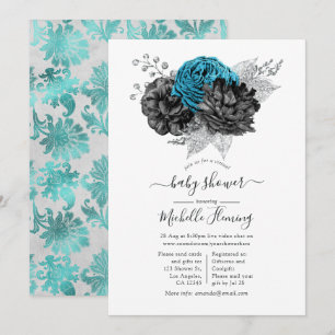 Invitation Douche Turquoise, Noire et Argent