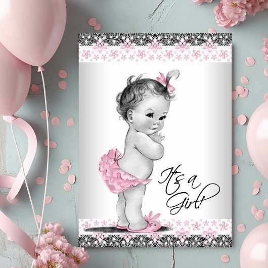 Invitation Douche vintage pour bébé rose et gris