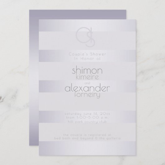 Invitation Douche | Violet Argent Stripes Monogramme (Devant / Derrière)