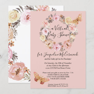 Invitation Douche virtuelle à papillon rose roux rose