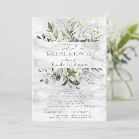 Invitation Douche virtuelle Dusty Blue Greenery Marble (Debout devant)