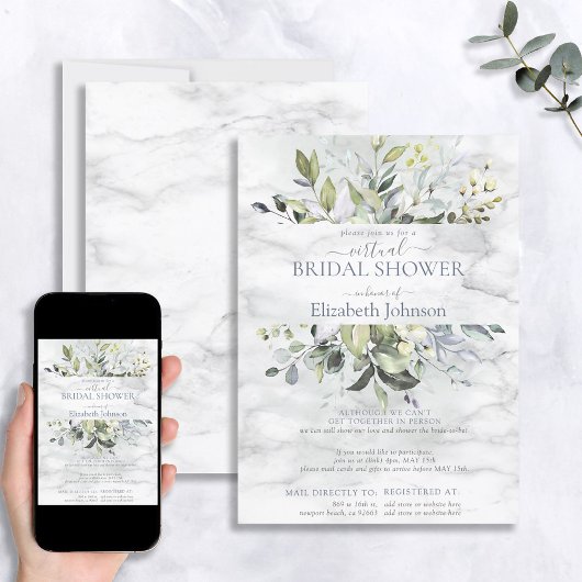 Invitation Douche virtuelle Dusty Blue Greenery Marble