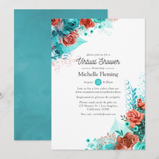 Invitation Douche virtuelle Turquoise et Coral Floral (Devant / Derrière)