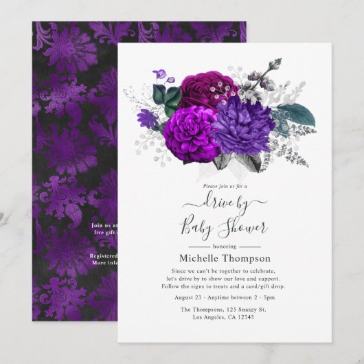 Invitation Douchez Drive By Fleur Royale Violet et Argent (Devant / Derrière)
