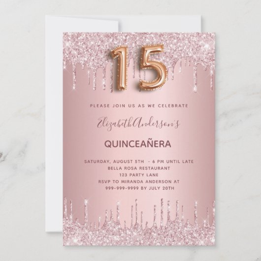 Invitation Douilles en or rose quinceanera (Devant)