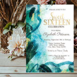 Invitation Douleur Abstraite Éclaboussure Dorée Sweet 16