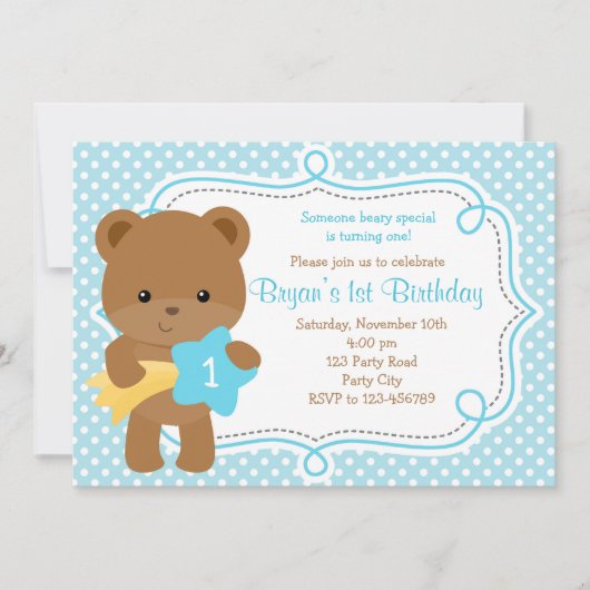 Invitation d'ours (1er anniversaire / Baby shower) (Devant)
