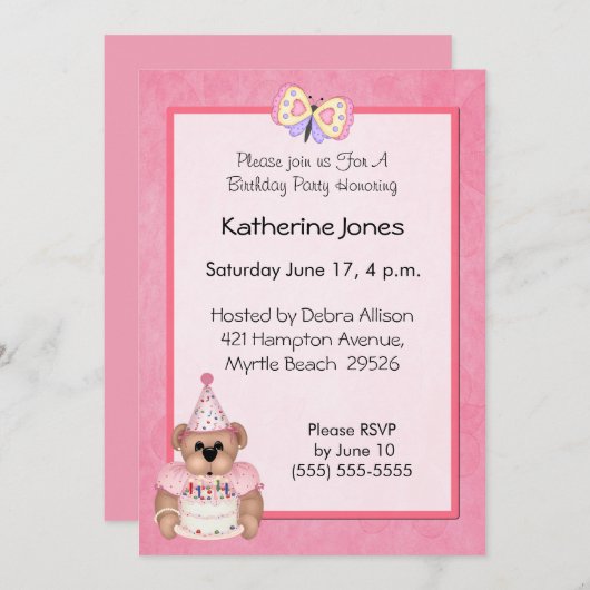 Invitation d'ours d'anniversaire (Devant / Derrière)