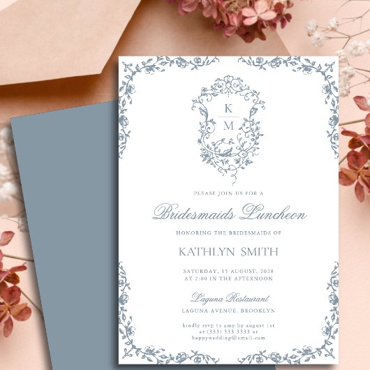 Invitation Douteux Bleu Vintage Crest Bridesmaids déjeuner
