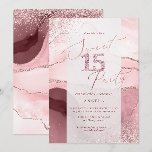 Invitation Doux 15 Parties scintillant de diamant rose Aquare (Devant / Derrière)