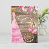 Invitation Doux 16 Anniversaire - Baril de bois et fleurs ros (Debout devant)