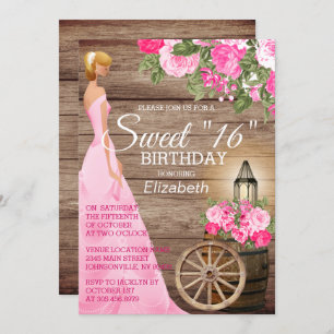 Invitation Doux 16 Anniversaire - Baril de bois et fleurs ros