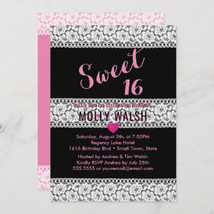 Invitation Doux 16 Anniversaire Dentelle noire Coeur rose