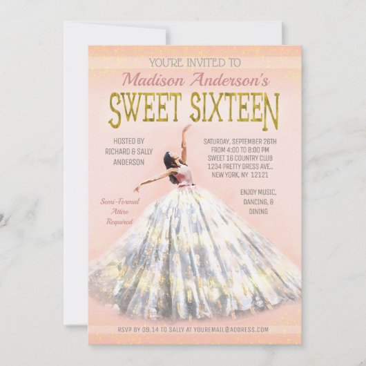 Invitation Doux 16 Anniversaire Robe Robe Rosée Rose Or (Devant)