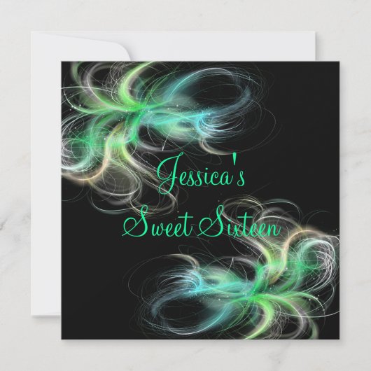 Invitation Doux 16 Anniversaires Black & Blue Green Swirls (Devant)