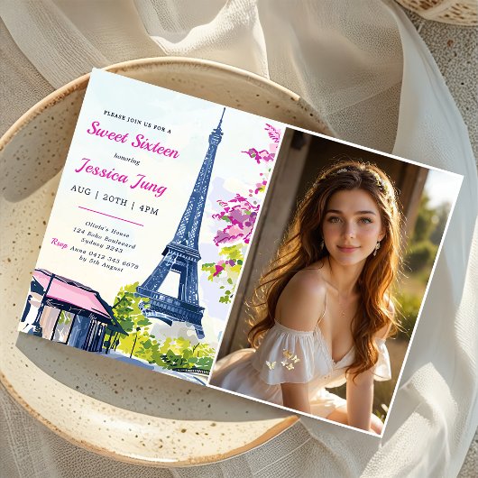 Invitation Doux 16 Aquarelle d'anniversaire Floral Eiffel Pho
