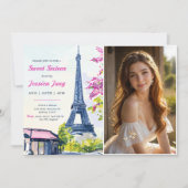 Invitation Doux 16 Aquarelle d'anniversaire Floral Eiffel Pho (Devant)