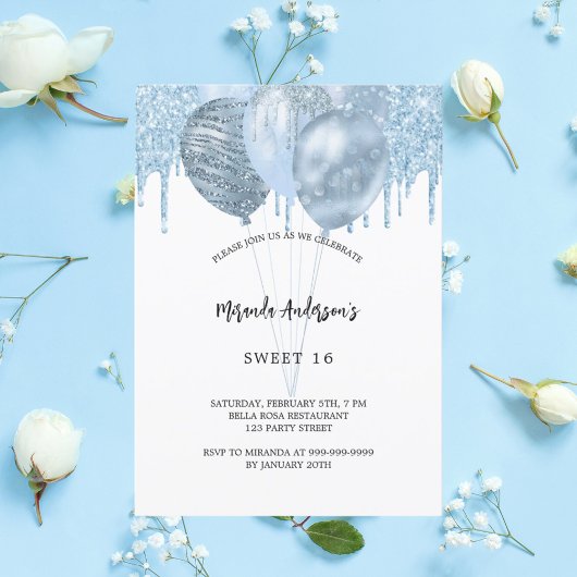 Invitation Doux 16 ballons bleu blanc gouttes de parties scin
